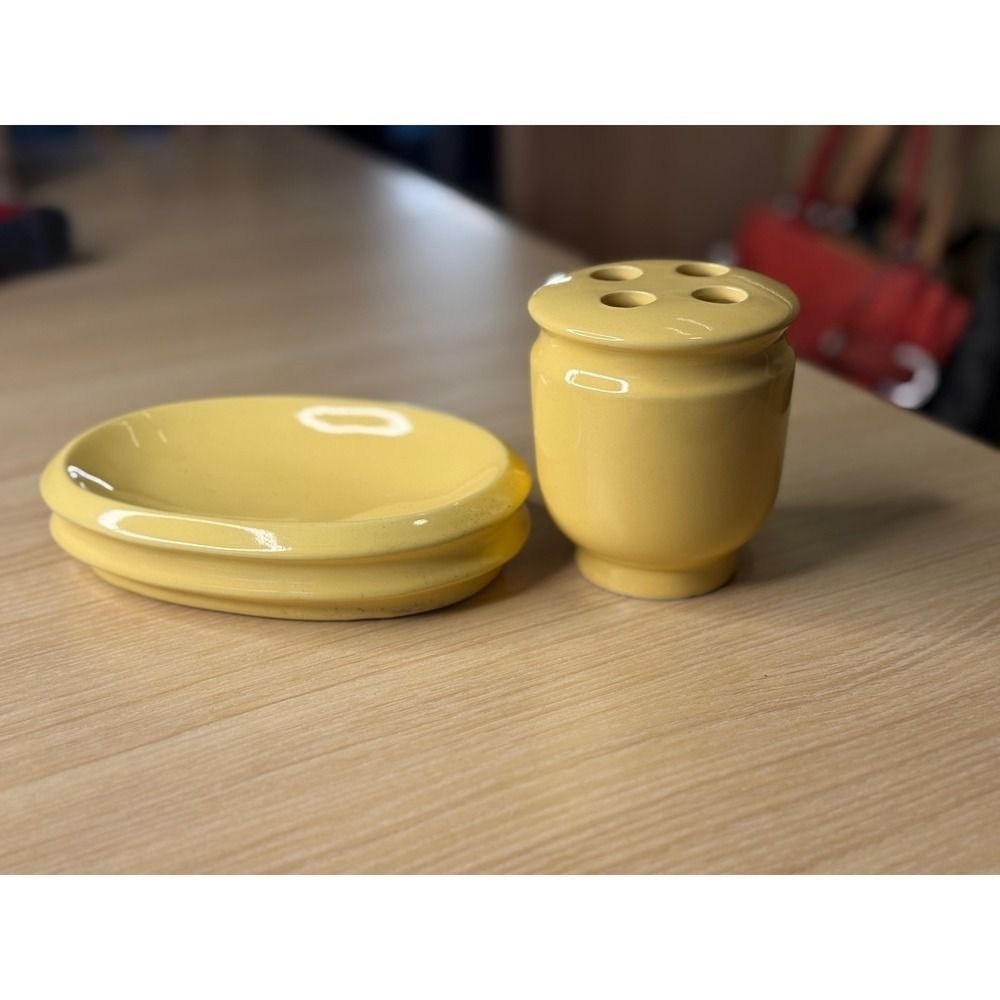 Vintage Butter Yellow Ceramic Toothbrush Holder and Soap Dish Bathroom Set